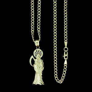 10K Real Gold Cuban Link Chain and Santa Muerte Grim Reaper Pendant Set